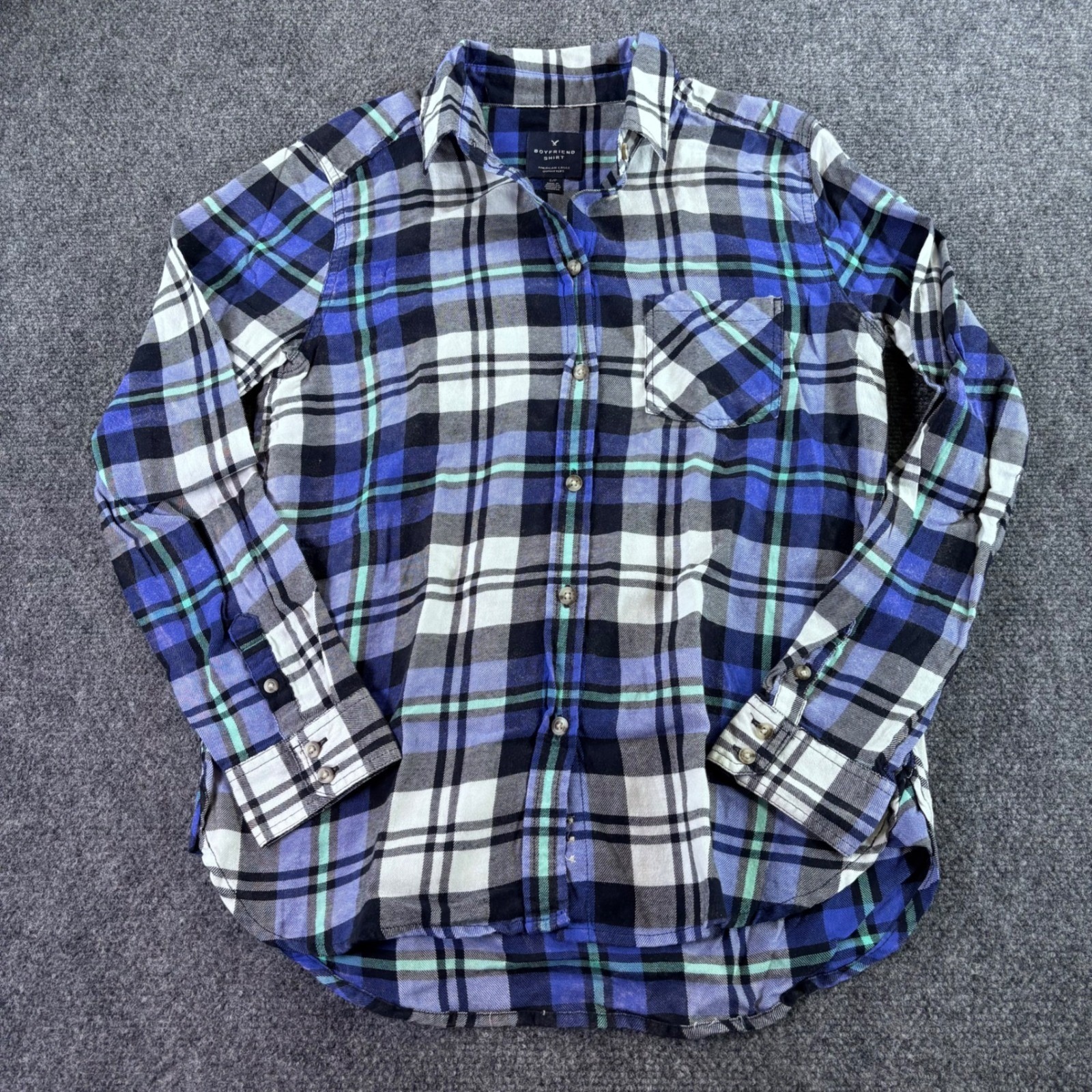 American Eagle Boyfriend Shirt Women Small Blue White Plaid Cotton Flannel Top